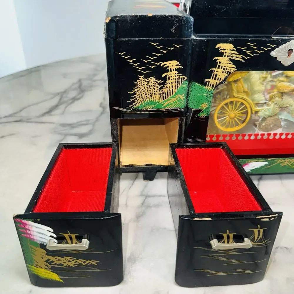 Vintage Jewelry Box Asian Music MOTION Geisha Mirror Japan Handpainted Works 13